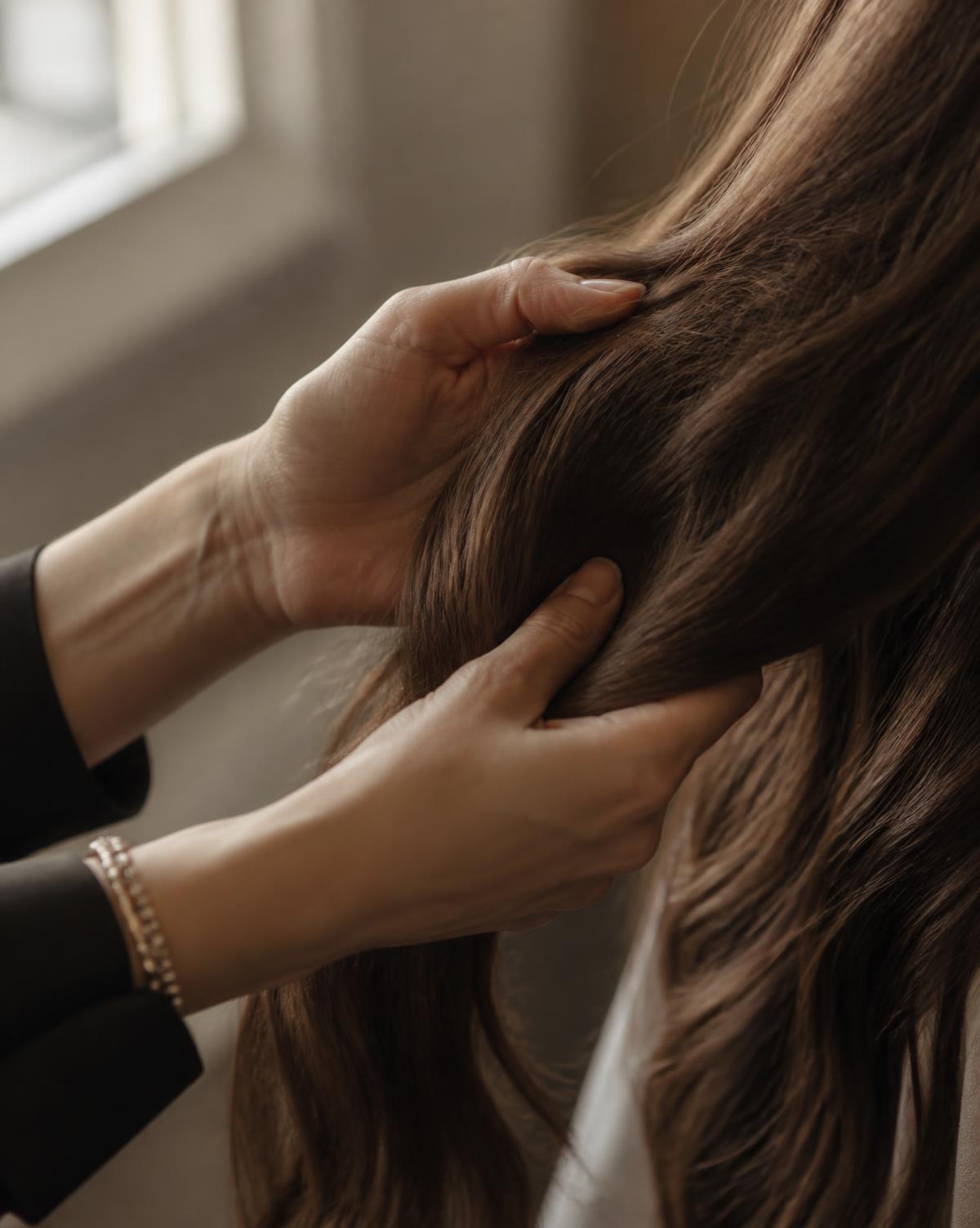 Hände einer Coiffeuse, die langes Haar sorgfältig durchkämmen