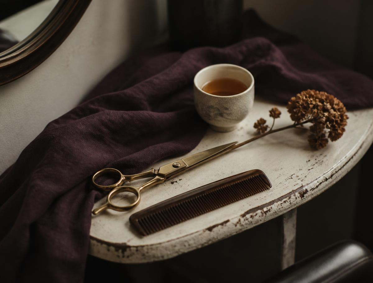Messingschere, Kamm und eine Tasse Tee auf einem hellen Beistelltisch